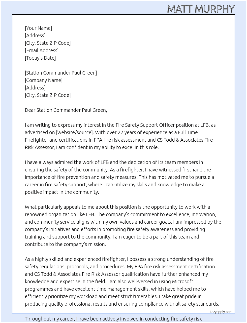 Fire Safety Support Officer At LFB Cover Letter