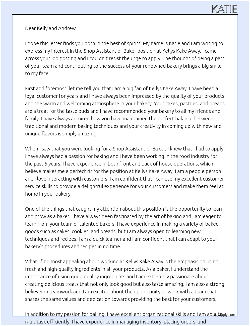 Shop assistant or baker At Kellys Kake Away Cover Letter