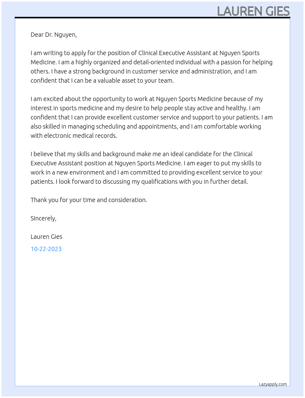Clinical Executive Assistant At Nguyen Sports Medicine Cover Letter