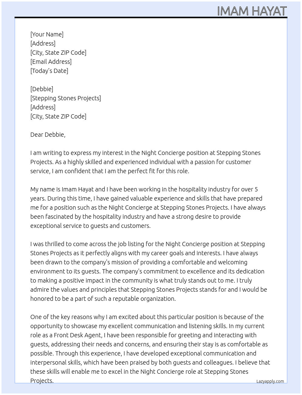Night concierge At Stepping stones projects  Cover Letter