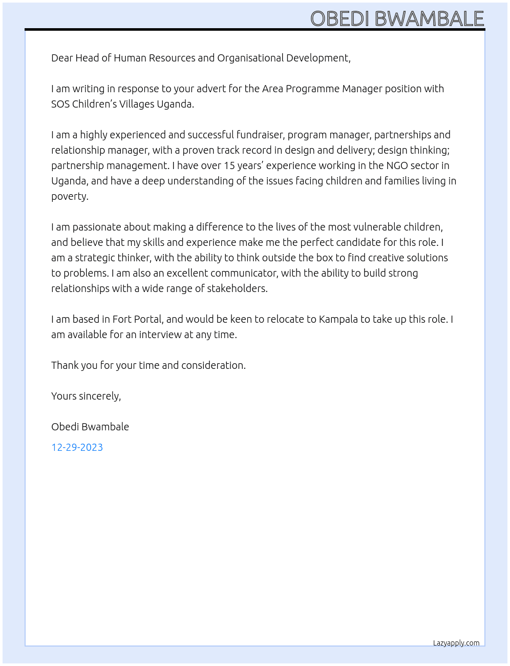 Area Programme Manager At SOS Children’s Villages Uganda Cover Letter