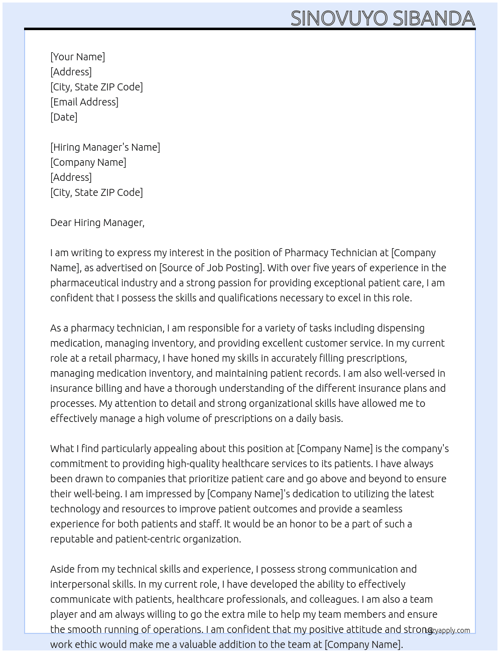 pharmacy technician At company Cover Letter
