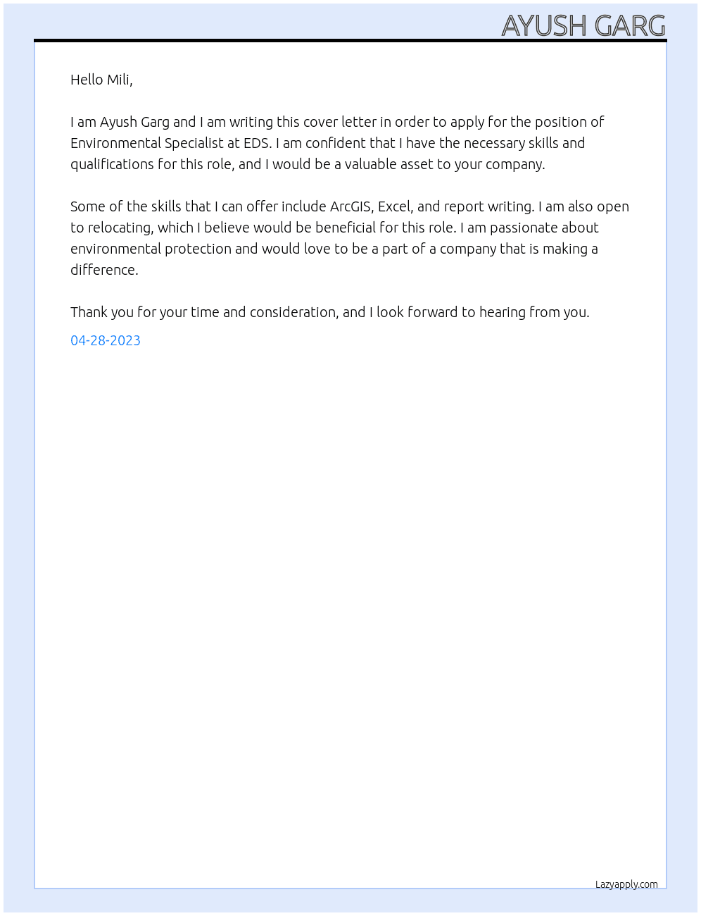 Environmental Specialist At EDS Cover Letter