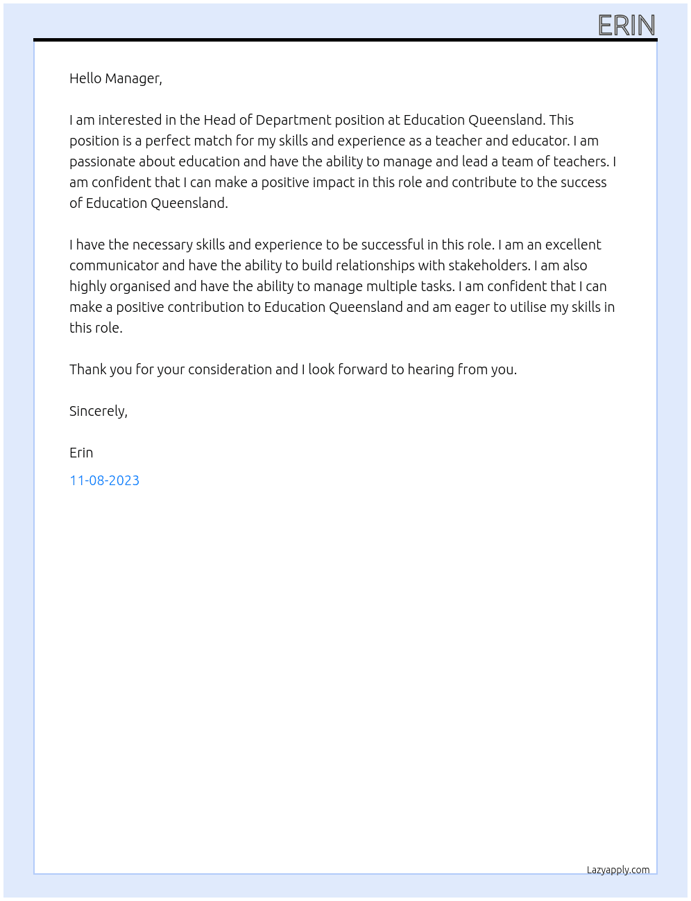 Head of Department At Education Queensland Cover Letter