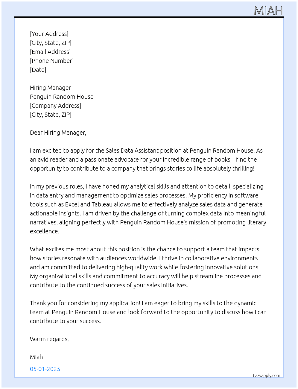 Cover letter for sales data assistant - LazyApply