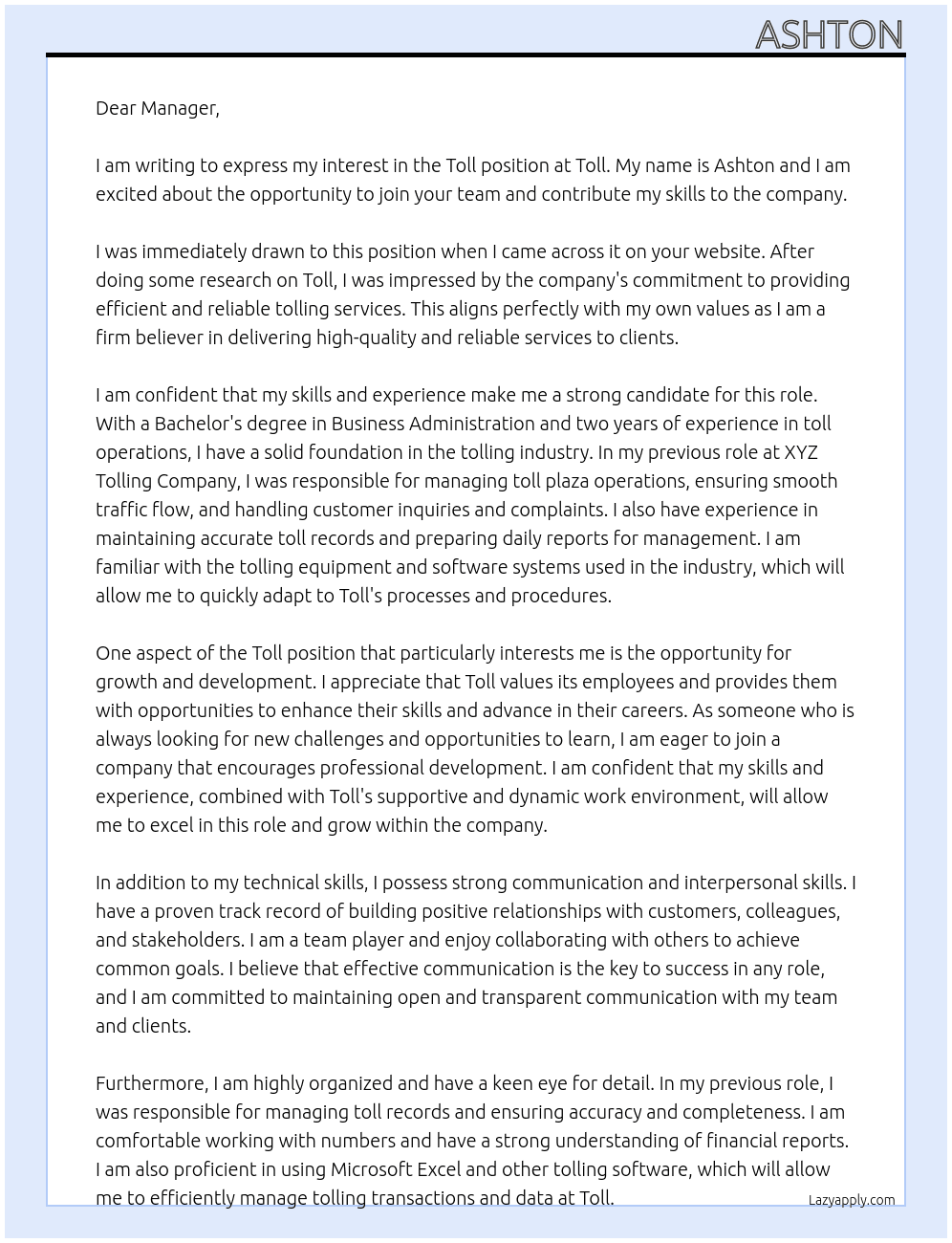 toll At Toll Cover Letter