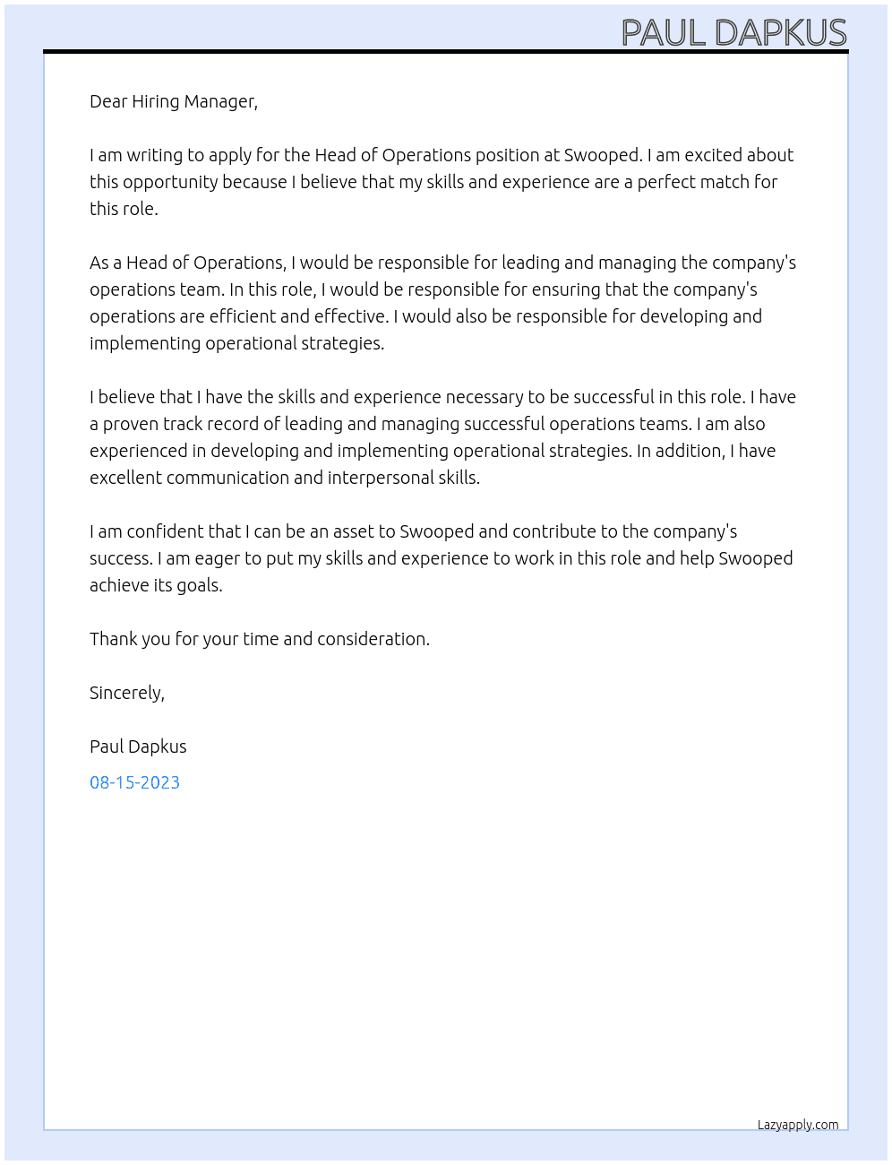 Head of Operations At Swooped Cover Letter