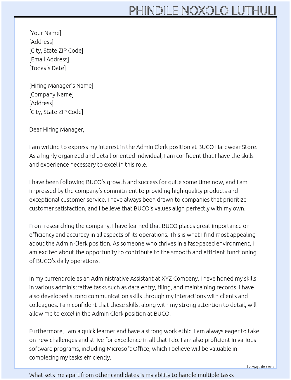Admin Clerk At BUCO Hardwear Store Cover Letter