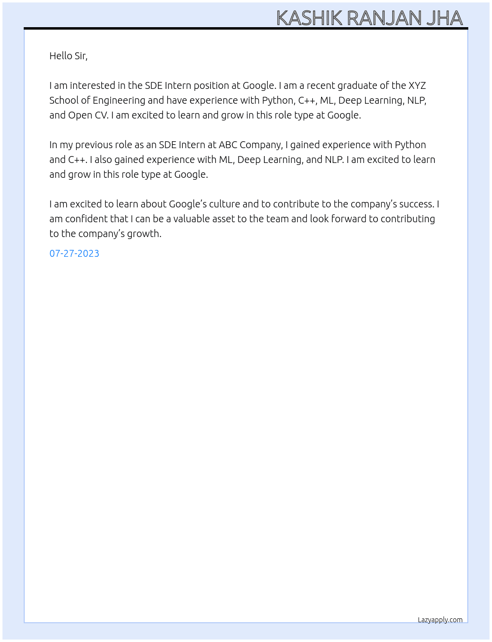 SDE INTERN At Google Cover Letter
