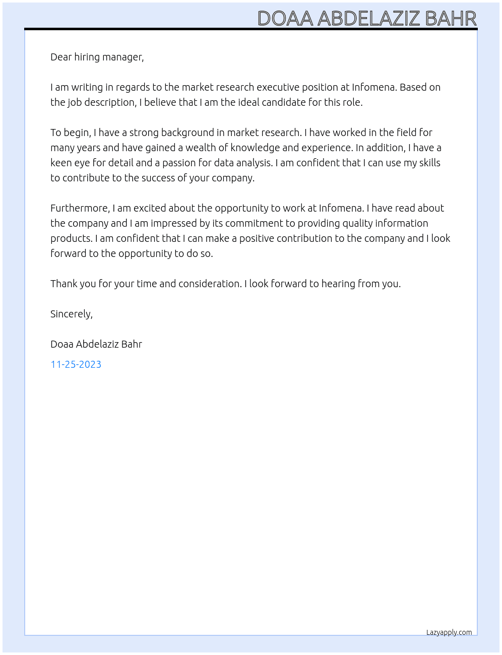 Market Research Executive At Infomena Cover Letter