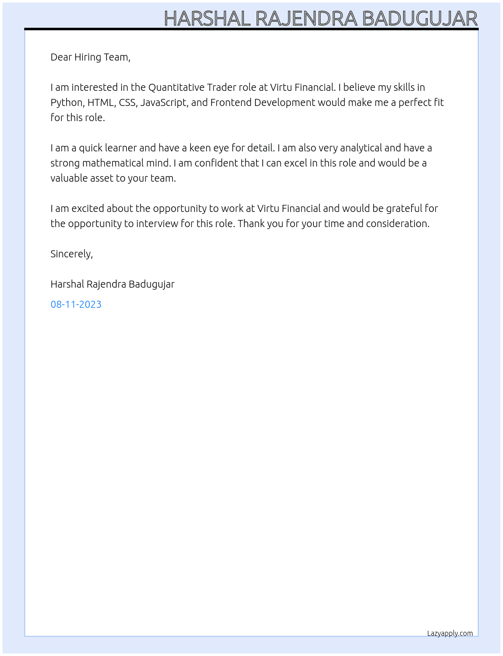 Quantitative Trader  At Virtu Financial Cover Letter
