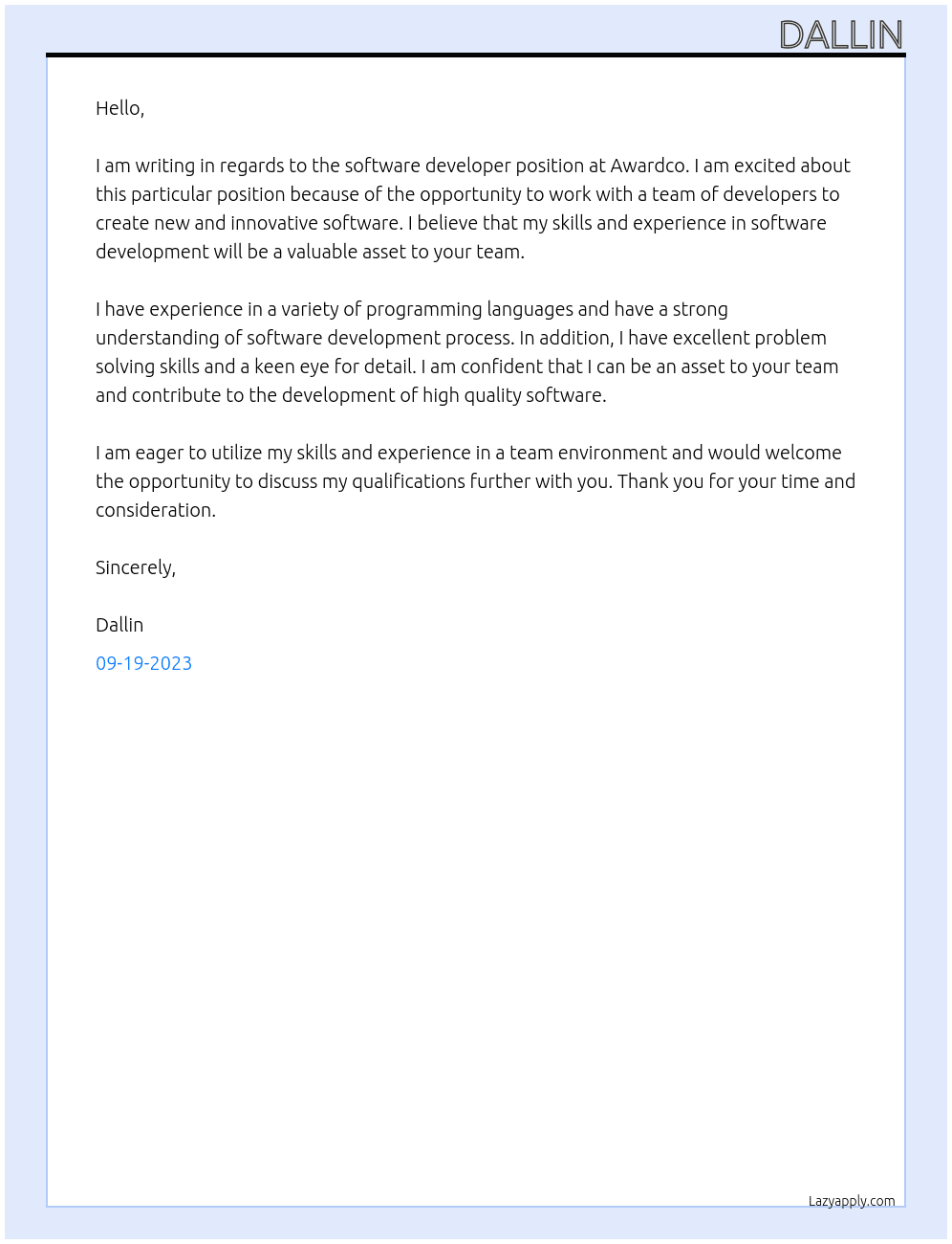 software developer At Awardco Cover Letter