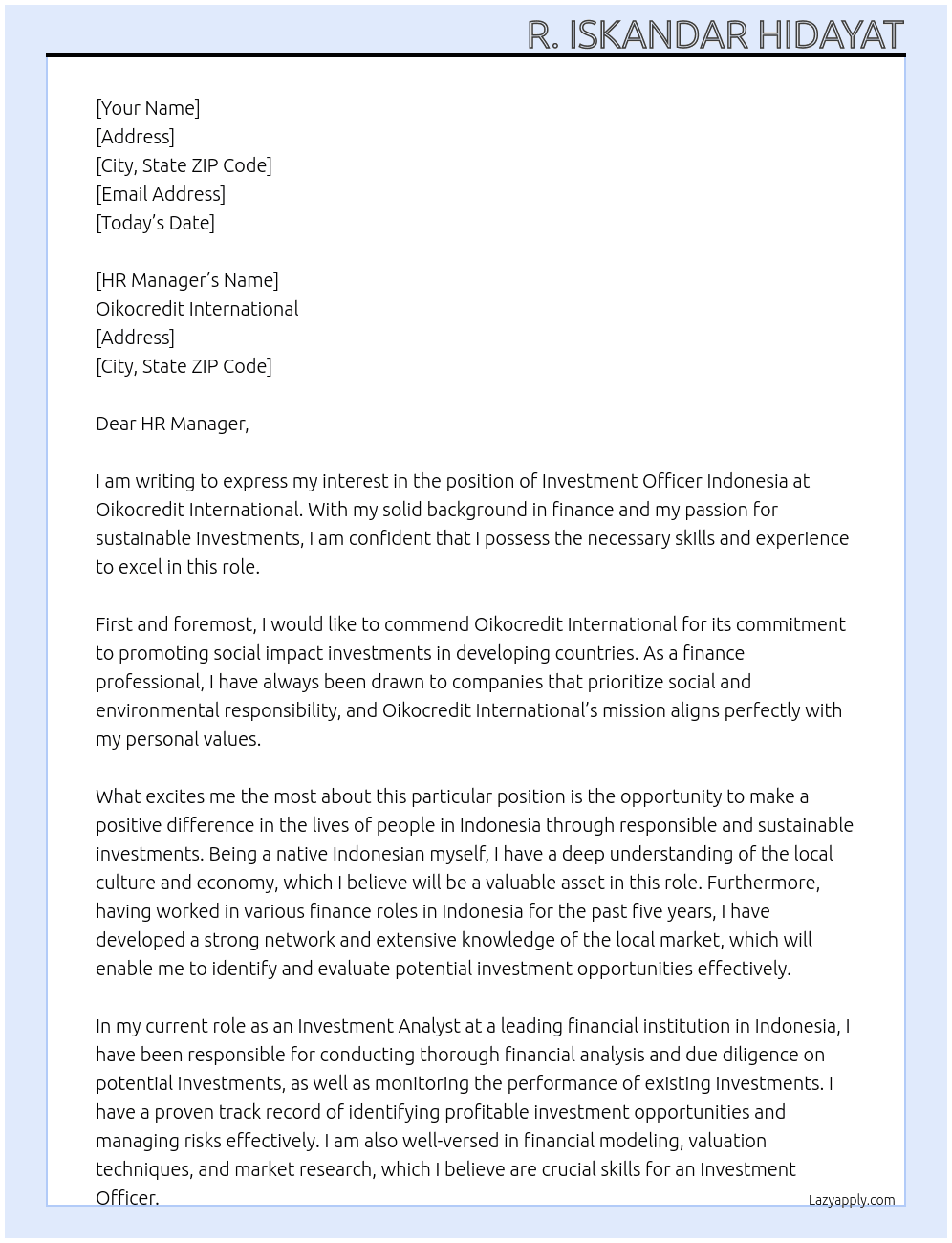 Investment Officer Indonesia At Oikocredit International Cover Letter