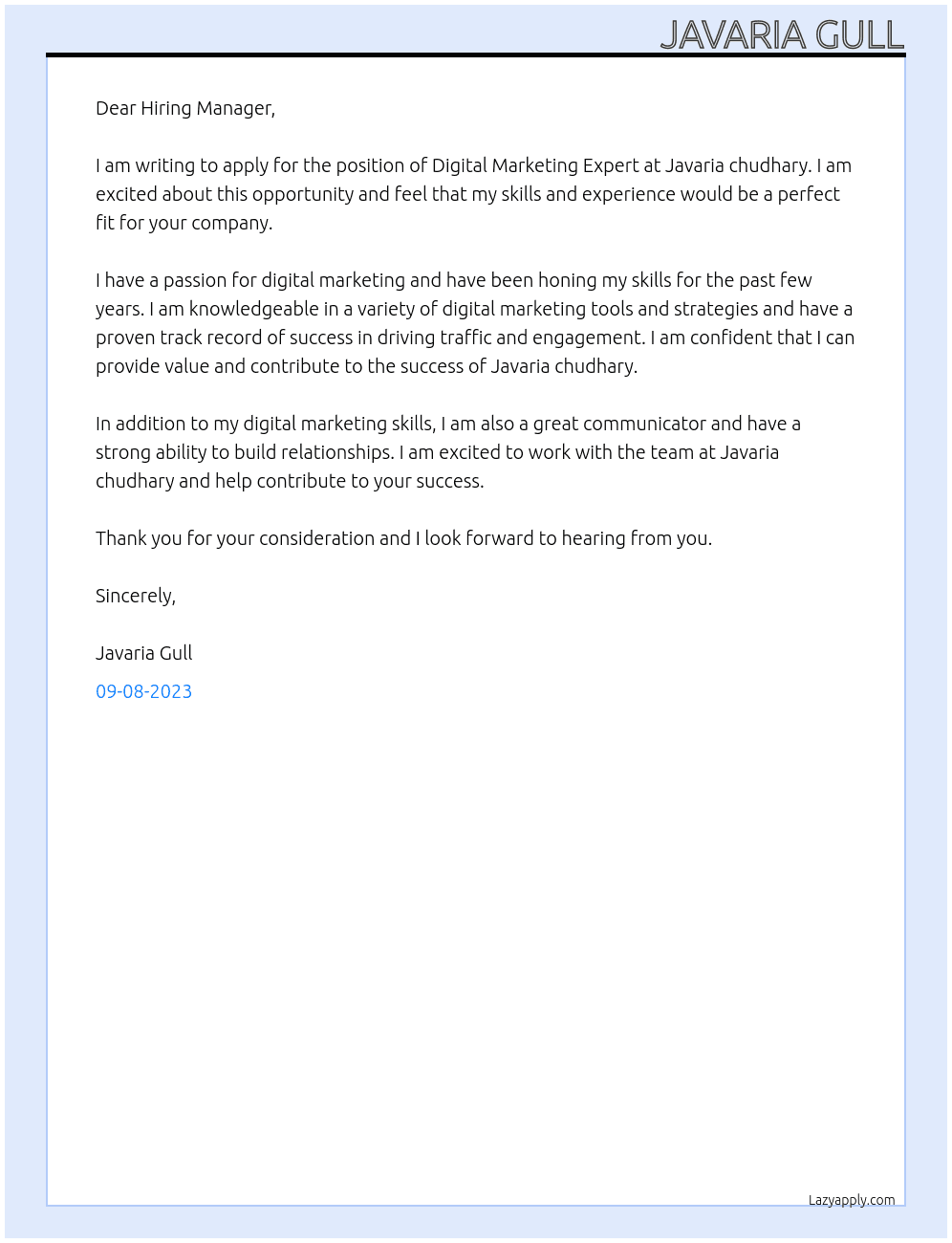 Digital Marketing Expert At Javaria chudhary Cover Letter