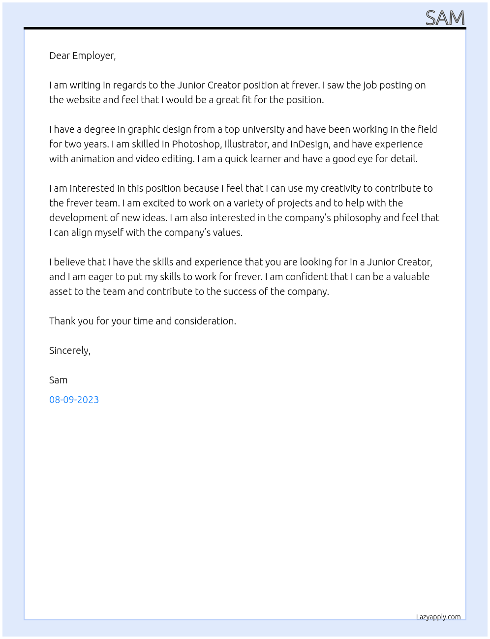 Junior Creator At frever Cover Letter