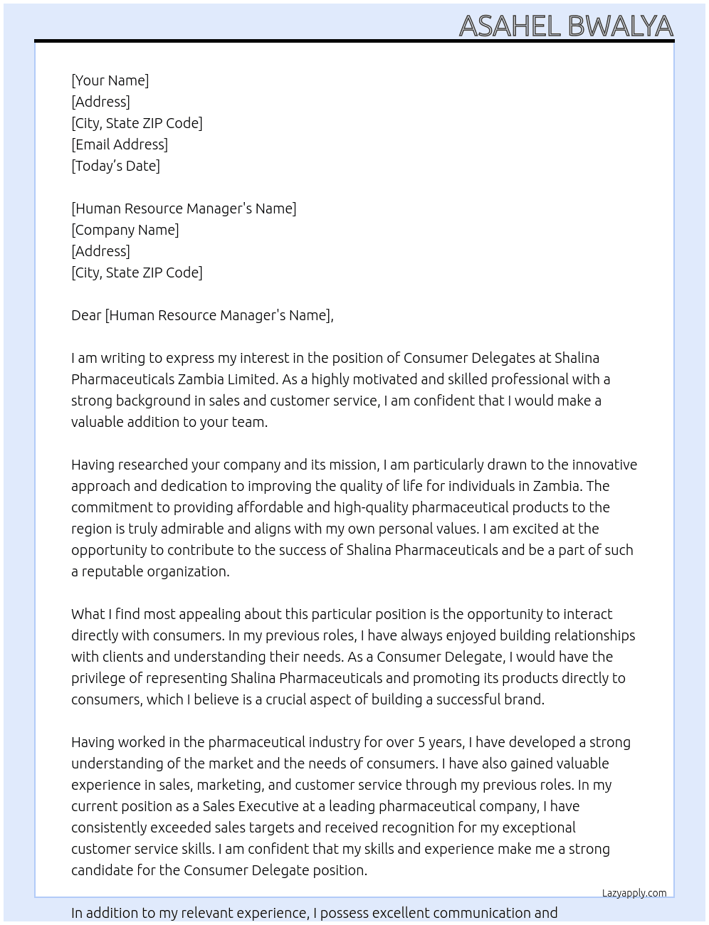 Consumer delegates At Shalina pharmaceuticals Zambia limited Cover Letter