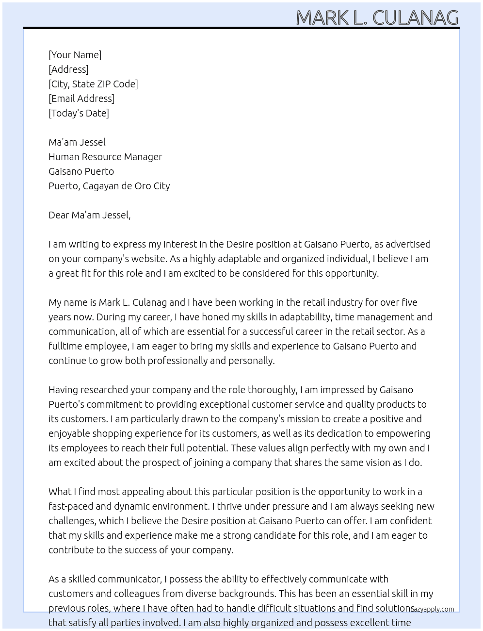 Desire At Gaisano Puerto  Cover Letter