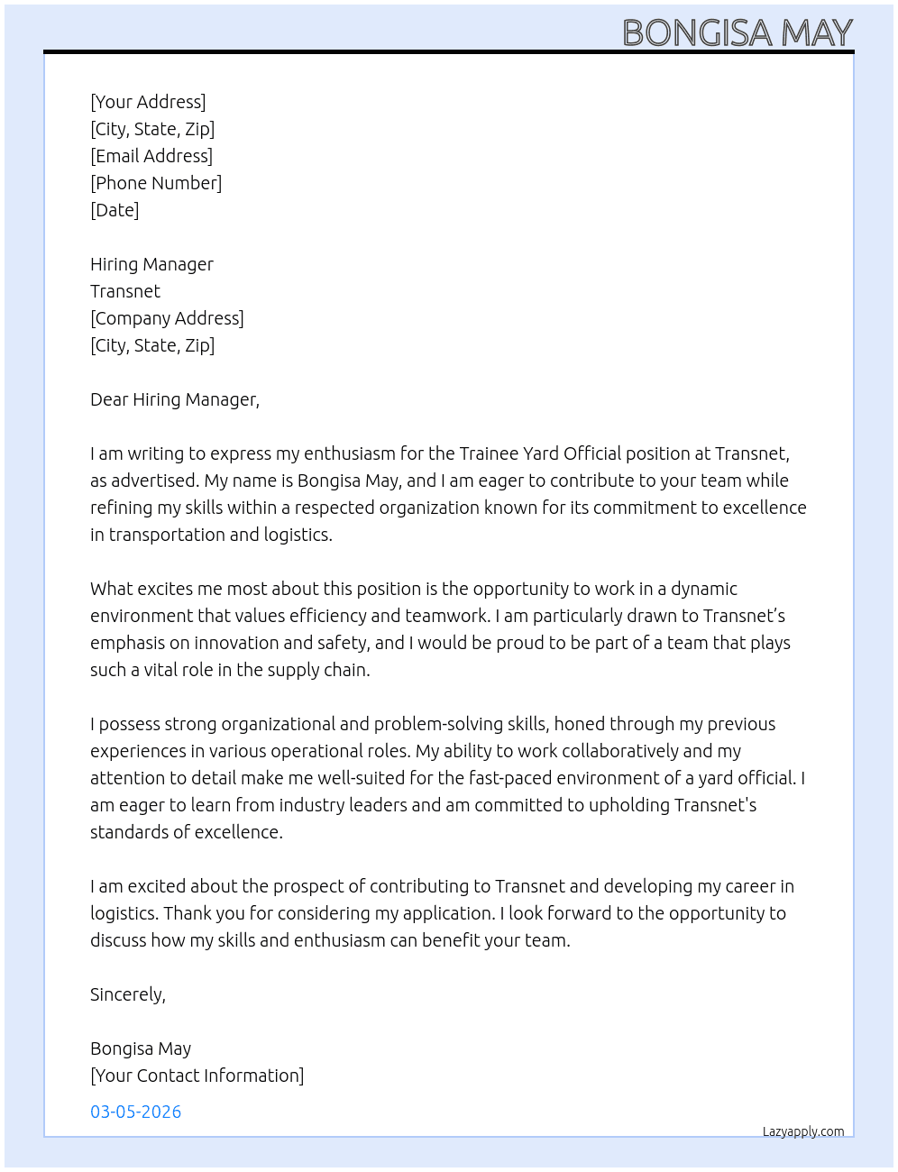 Cover letter for tainee yard official - LazyApply