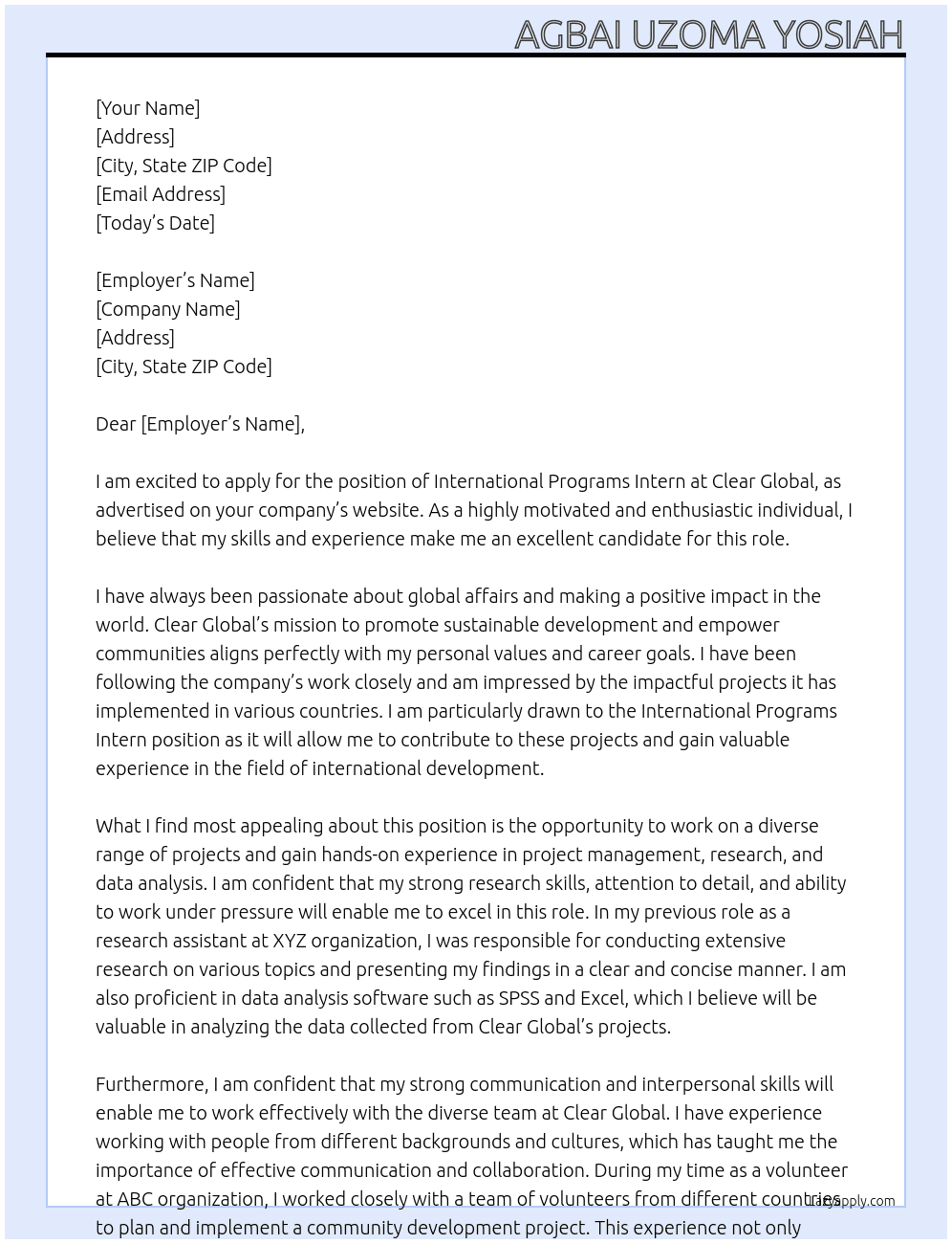 International Programs Intern At Clear Global Cover Letter