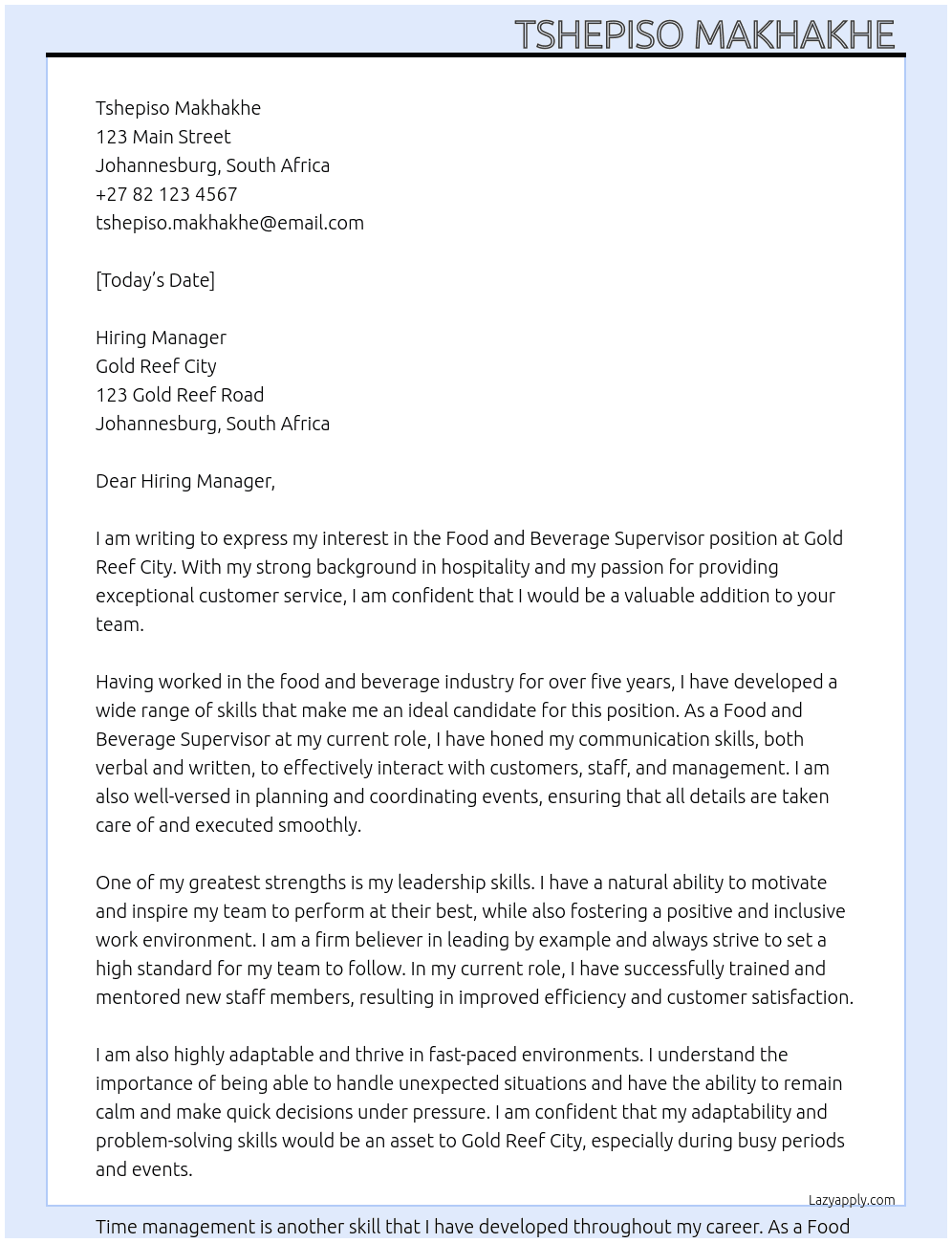 Food and beverage supervisor  At Gold Reef City Cover Letter