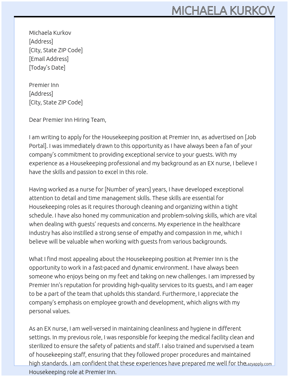 Housekeeping  At Premier Inn Cover Letter