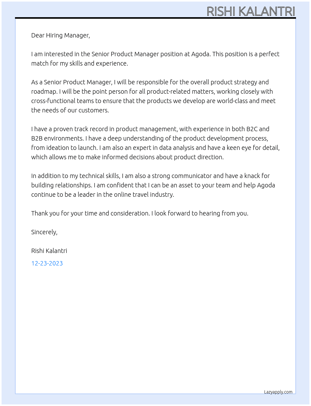 Senior Product Manager At Agoda Cover Letter