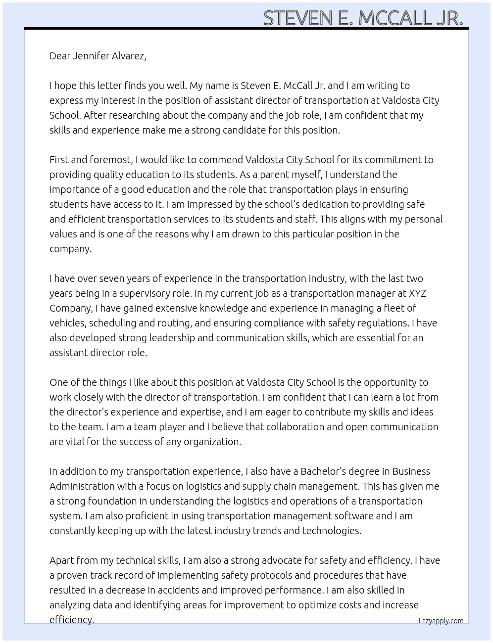 assistant director of transportation At Valdosta City School  Cover Letter
