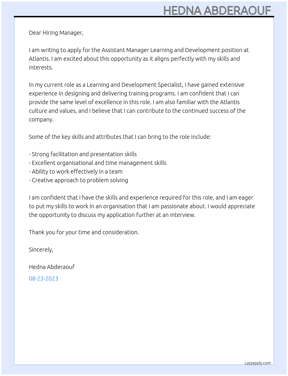 Assistant manager learning and development  At Atlantis  Cover Letter