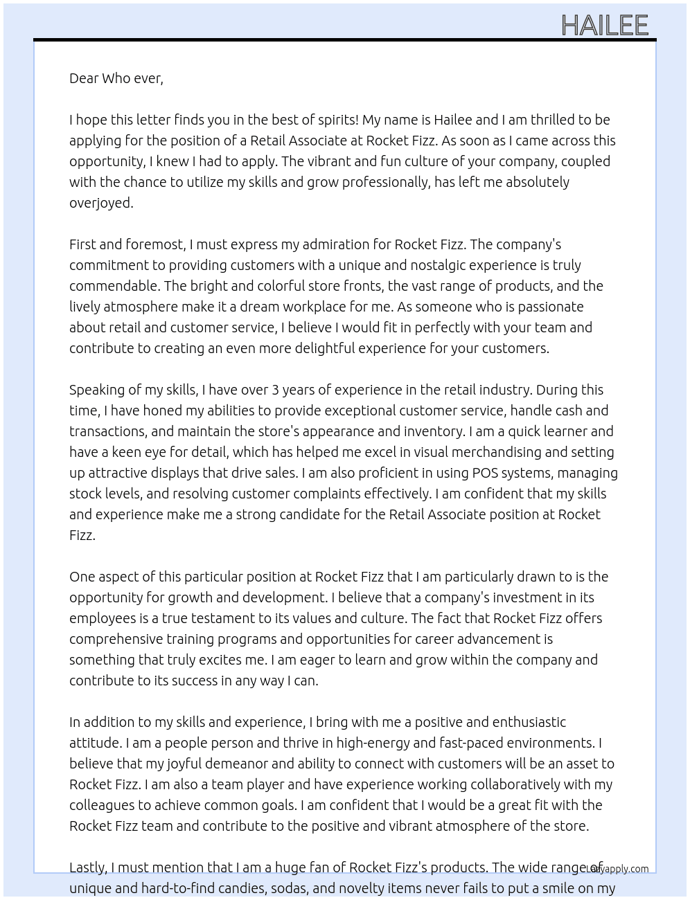 Retail Associate  At Rocket Fizz Cover Letter