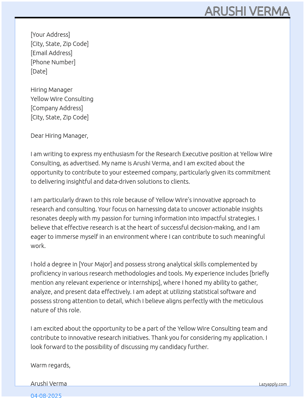 Research Executive At Yellow Wire consulting Cover Letter