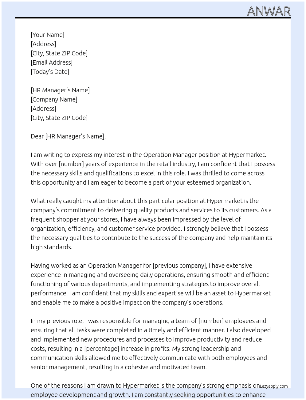 OPERATION MANAGER At HYPERMARKET Cover Letter