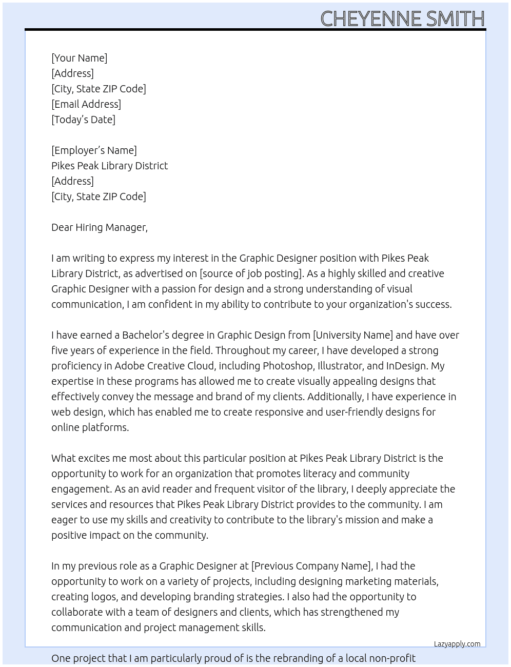 Graphic Designer At Pikes Peak Library District Cover Letter