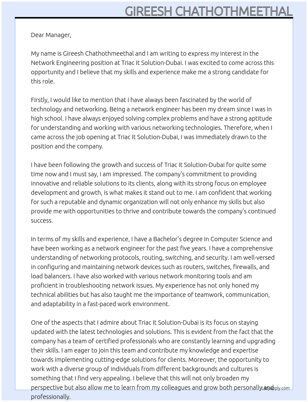 NETWORK ENGINEERING  At Triac It Solution-Dubai Cover Letter