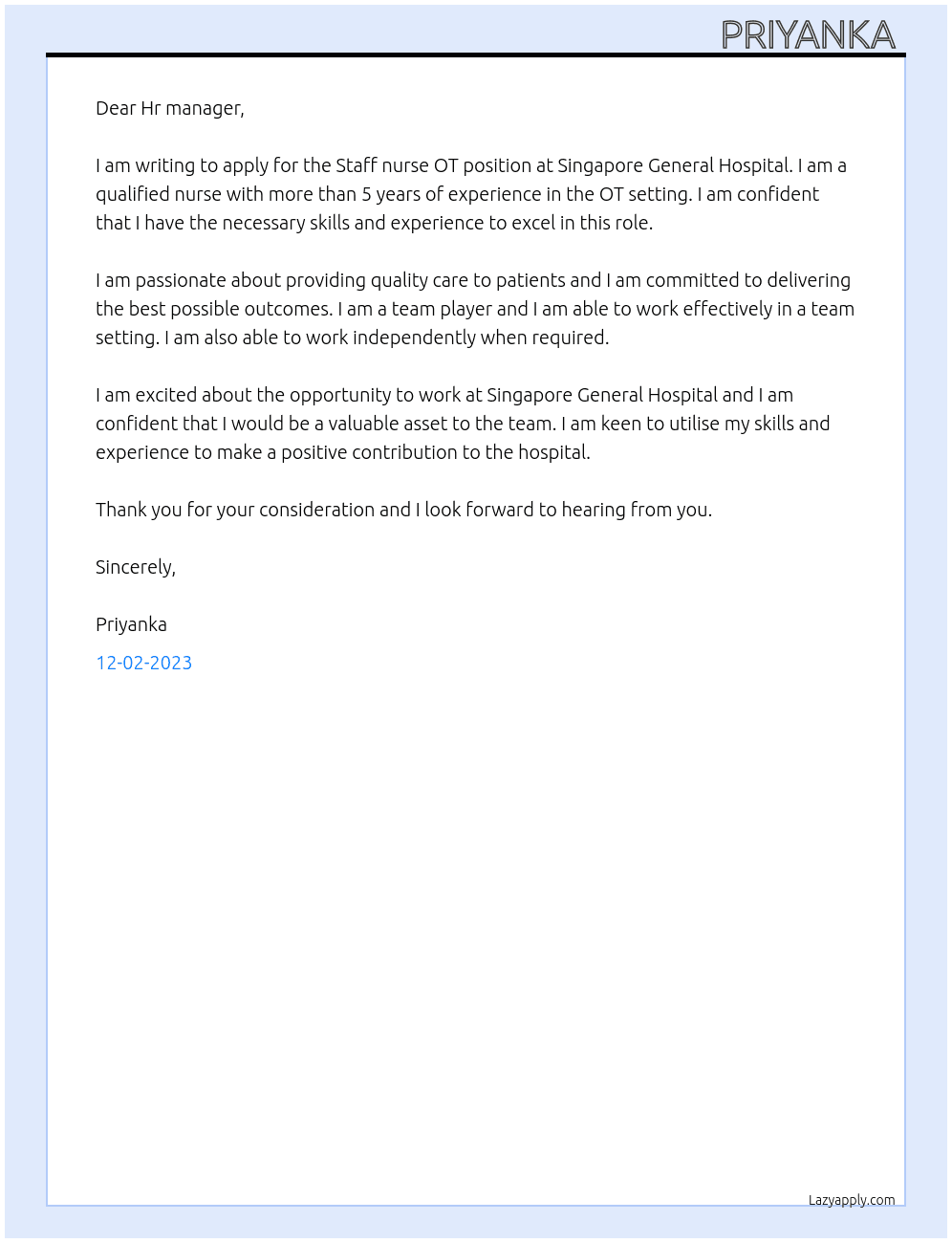 Staff nurse OT  At Singapore general hospital  Cover Letter
