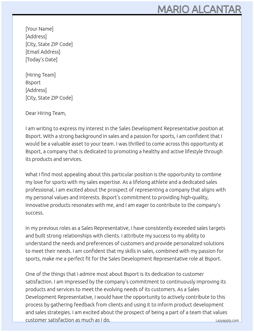 Sales Development Representative At Bsport  Cover Letter