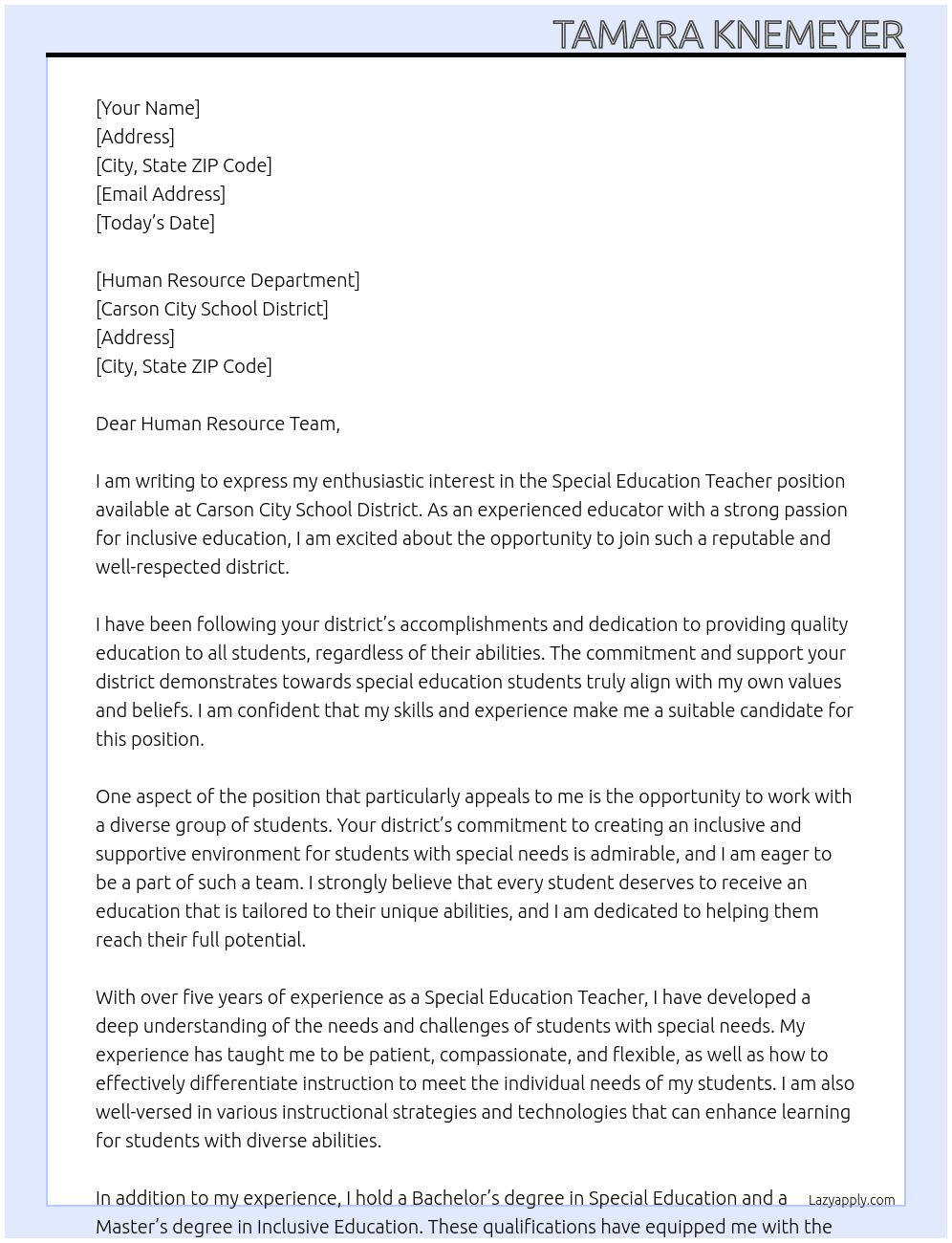 Special Education Teacher At Carson City School District Cover Letter