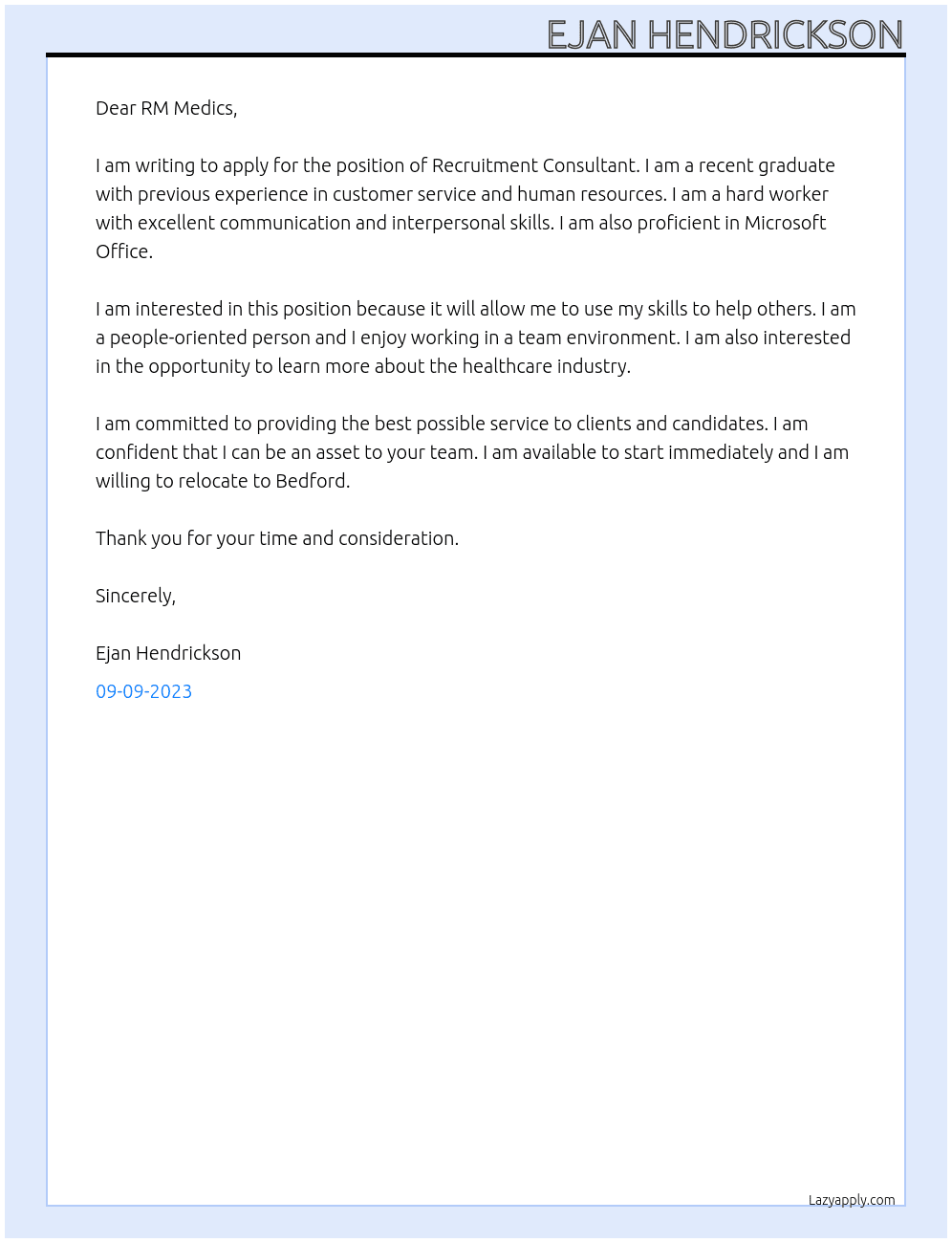 Recruitment consultant  At RM Medics Cover Letter