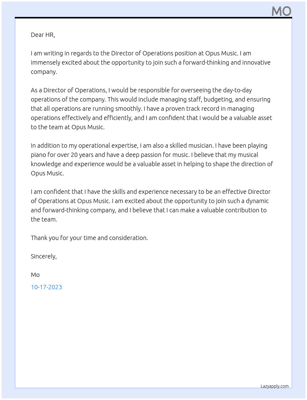 Director of Ooerations  At Opus music  Cover Letter