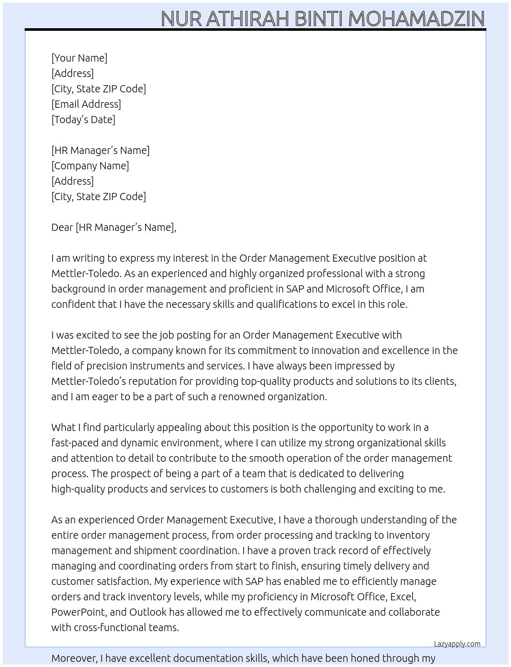 Order Management Executive At Mettler-Toledo Cover Letter