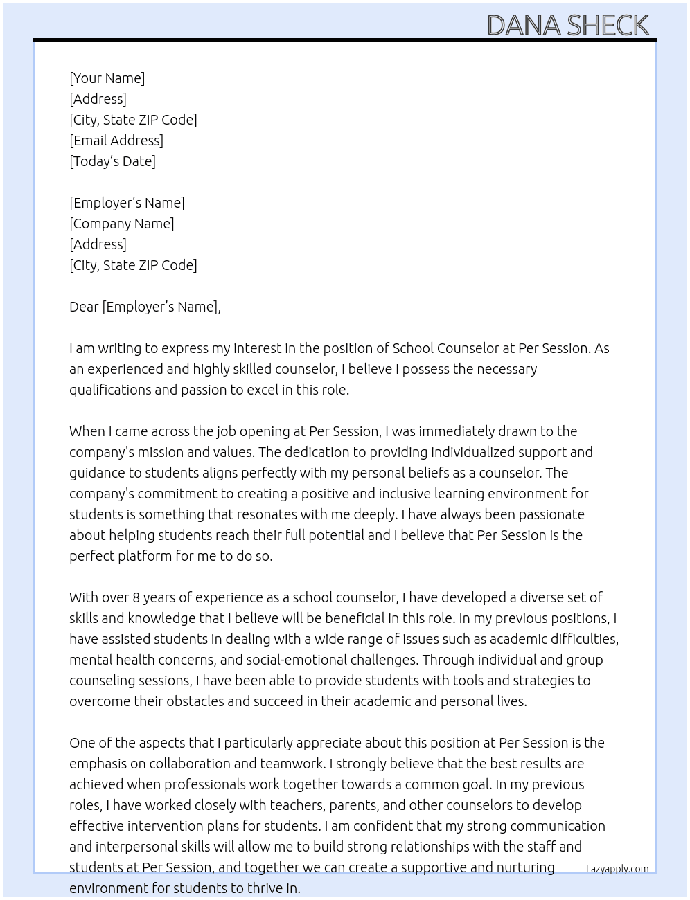 school counselor  At Per Session  Cover Letter