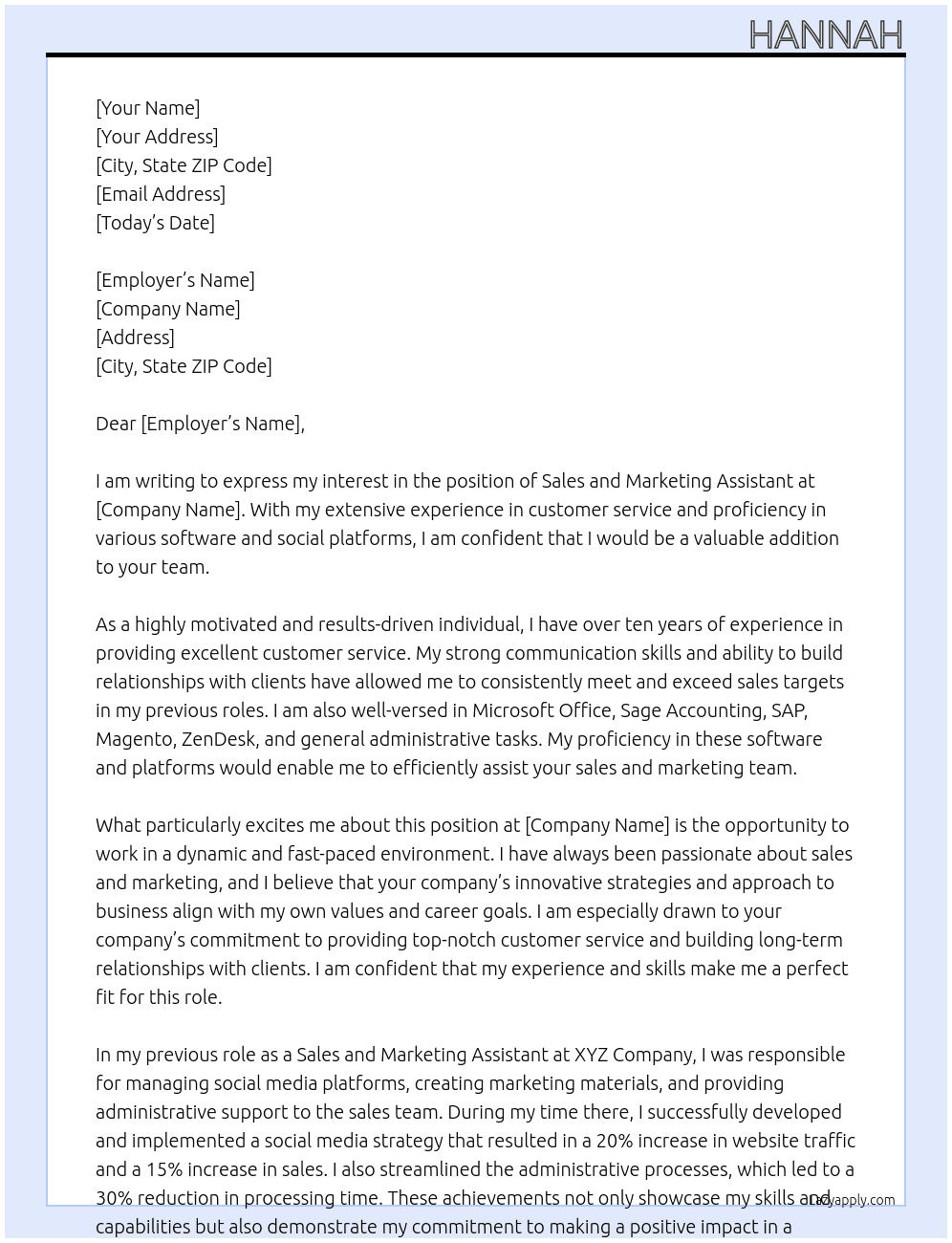 Sales and Marketing Assistant At Company Name Cover Letter