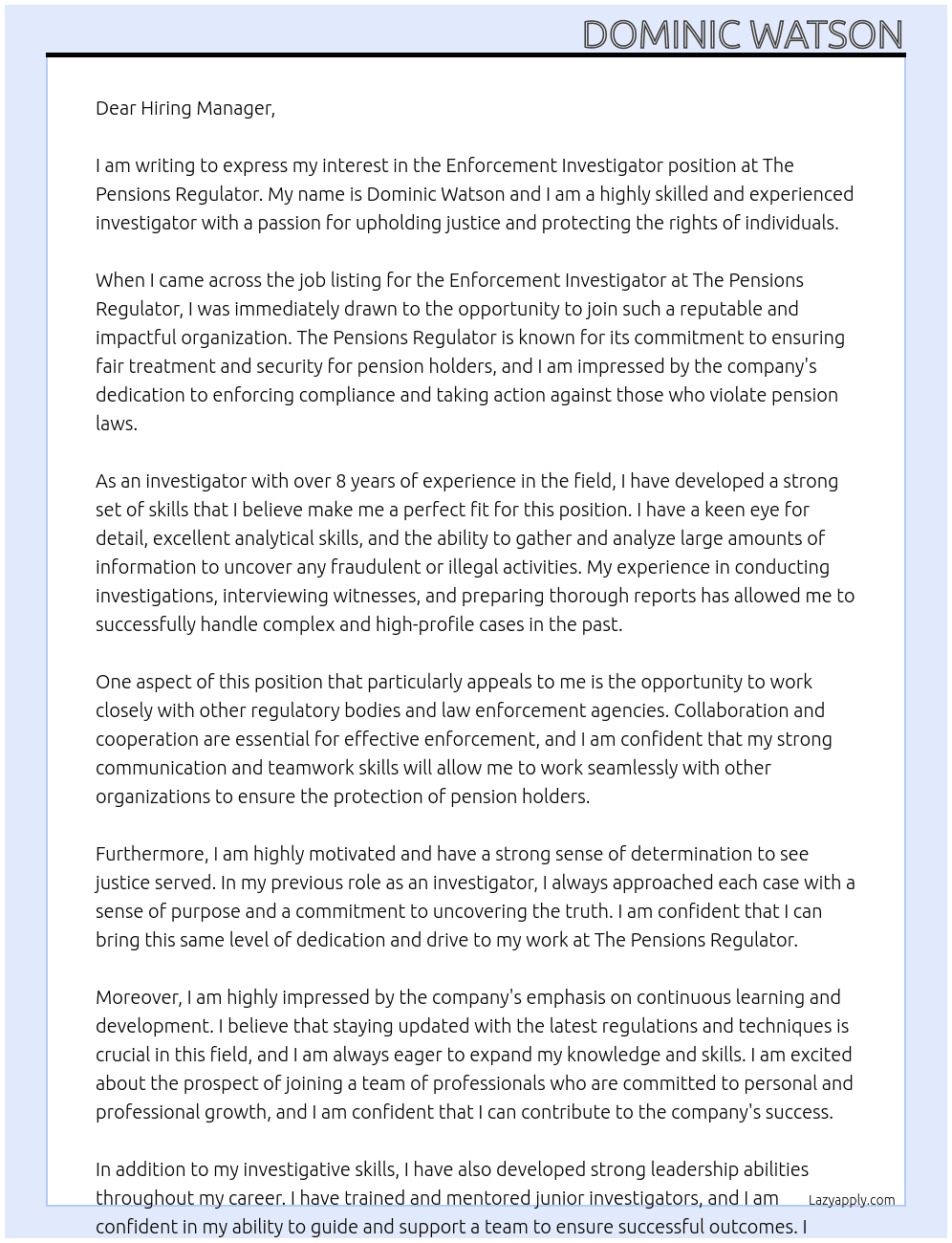 Enforcement Investigator At The Pensions Regulator Cover Letter