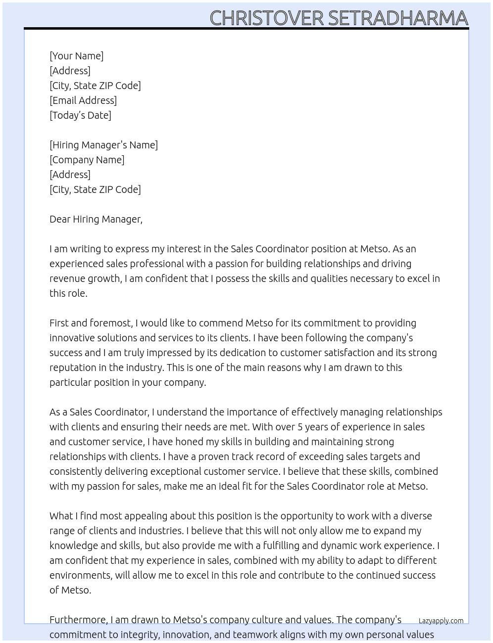 Sales Coordinator At Metso Cover Letter