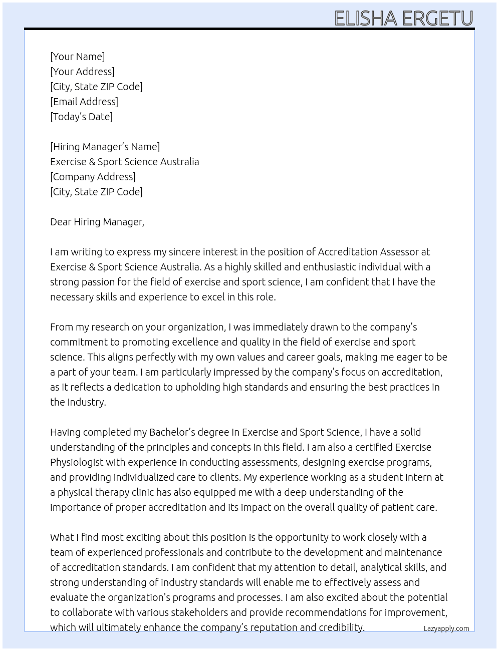 Accreditation Assessor  At Exercise & Sport Science Australia  Cover Letter