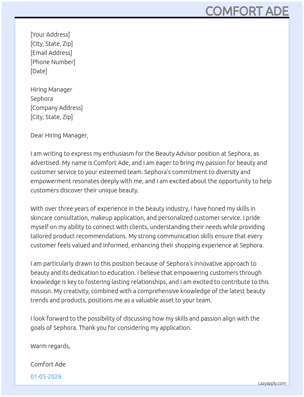 Beauty advisor  At Sephora Cover Letter