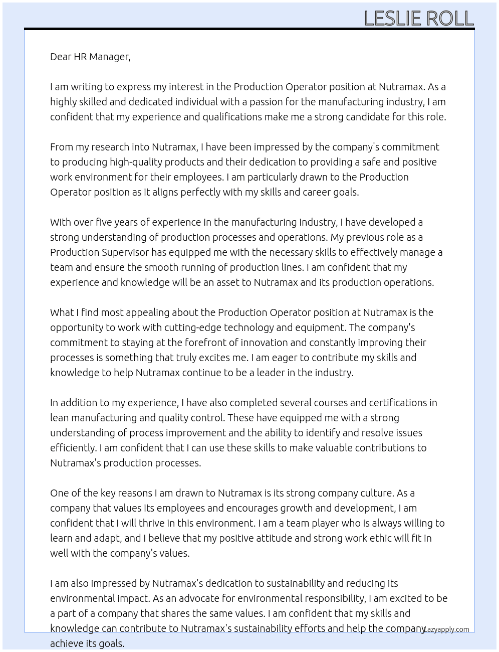 Production operator  At Nutramax Cover Letter