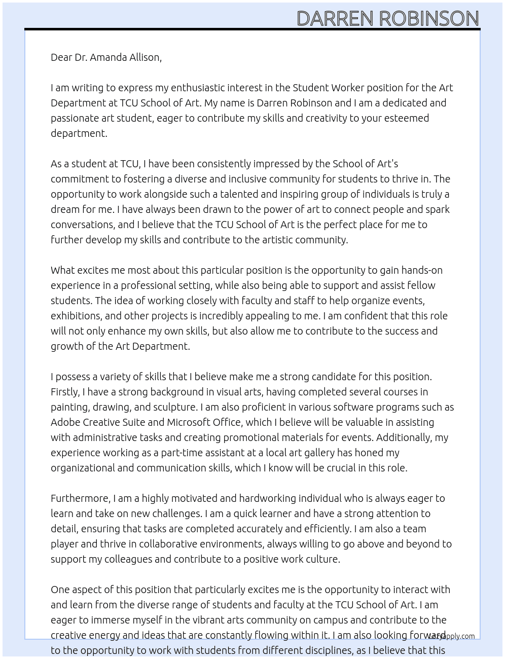 Student Worker for Art Department At TCU School of Art Cover Letter