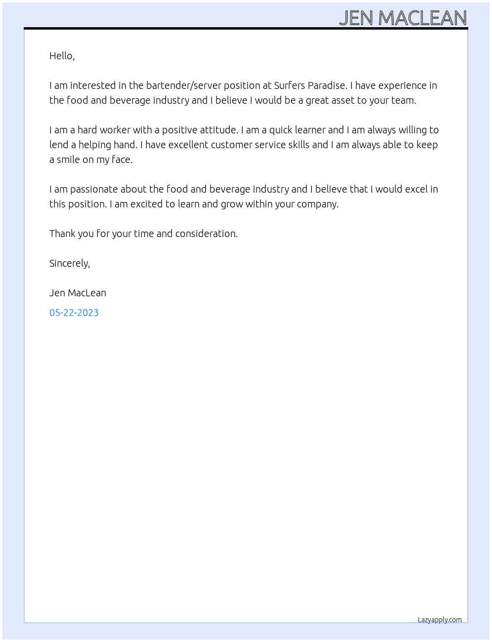 Bartender/ server  At Surfers Paradise  Cover Letter