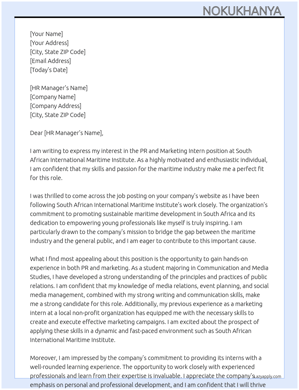 PR and Marketing Intern At South African International Maritime Institute  Cover Letter