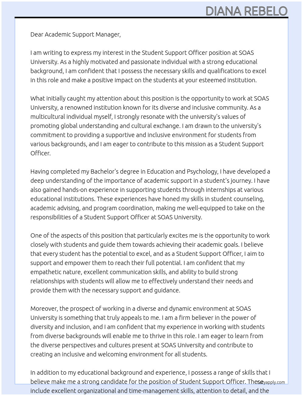 student support officer At SOAS University Cover Letter